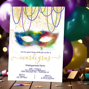 Mardi Gras Rainbow Watercolor Masquerade Party Invitation