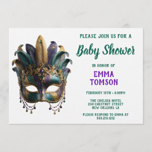 Mardi Gras Regal Feather Mask Baby Shower  Invitation
