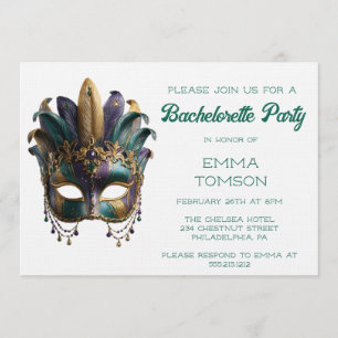 Mardi Gras Regal Feather Mask Bachelorette Party Invitation