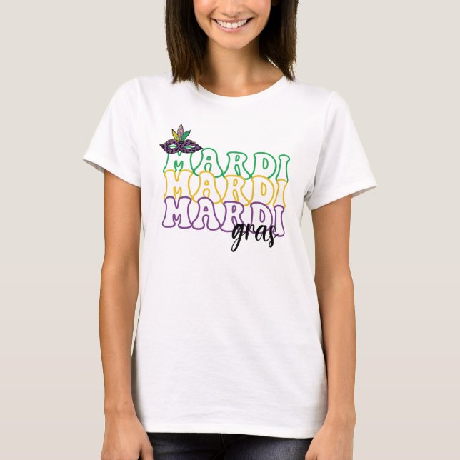 Mardi Gras repeating text colourful graphic mask T-Shirt (Front)