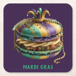Mardi Gras Royal Macaron Birthday Square Paper Coaster