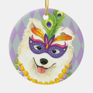 Mardi Gras Samoyed Ceramic Tree Decoration