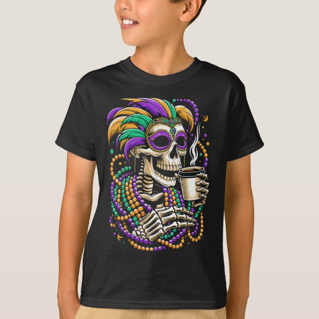 Mardi Gras Skeleton Drinking Coffee Beads Mask  T-Shirt (Front)