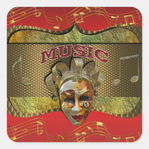 Mardi Gras Smiling Mask Metallic Music Notes Square Sticker