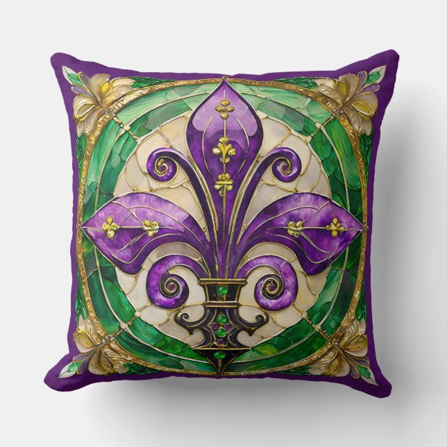 Mardi Gras Stained Glass Fleur de lis  Cushion (Front)
