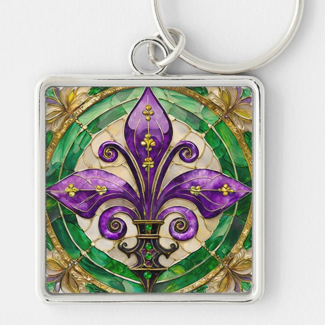 Mardi Gras Stained Glass Fleur de lis  Key Ring (Front)