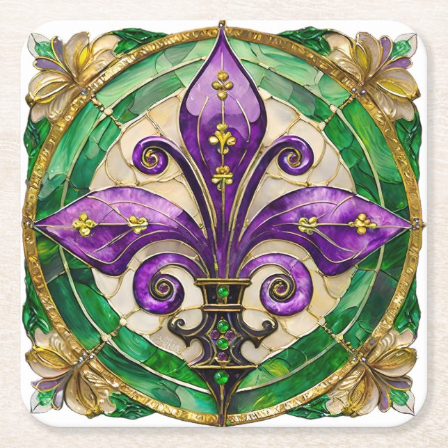 Mardi Gras Stained Glass Fleur de lis  Square Paper Coaster (Front)