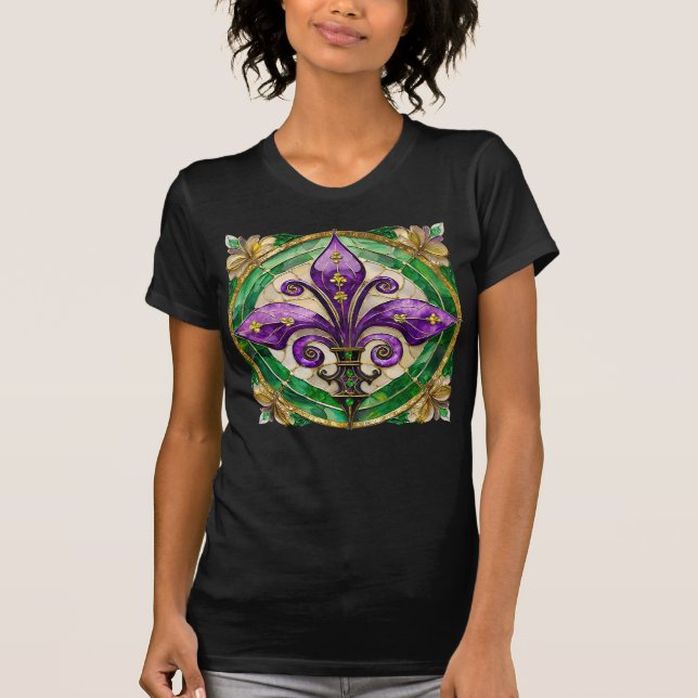 Mardi Gras Stained Glass Fleur de lis  T-Shirt (Front)
