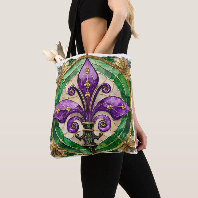 Mardi Gras Stained Glass Fleur de lis  Tote Bag (Close Up)