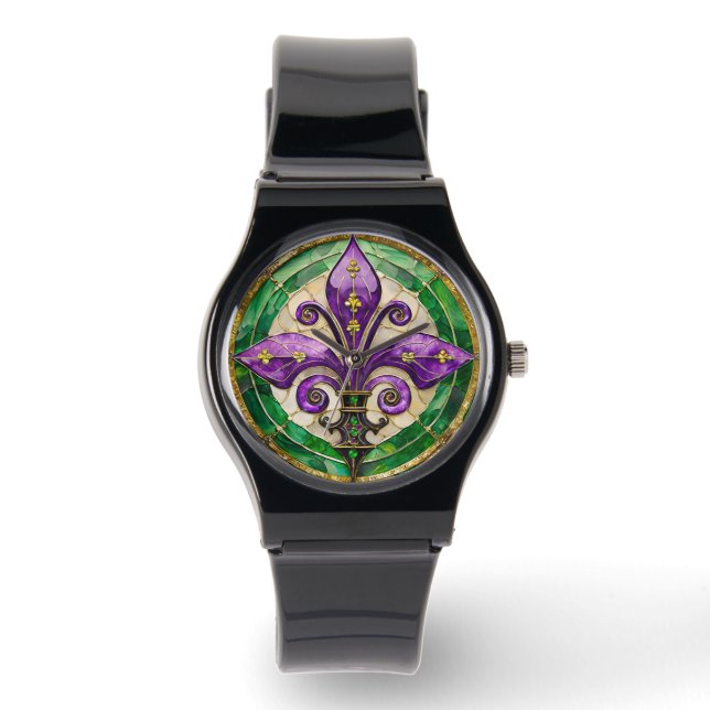 Mardi Gras Stained Glass Fleur de lis  Watch (Front)