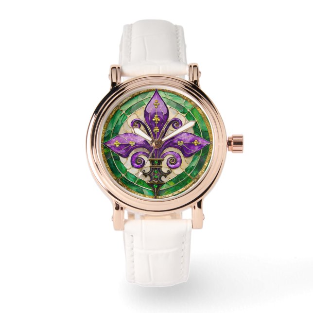 Mardi Gras Stained Glass Fleur de lis  Watch (Front)