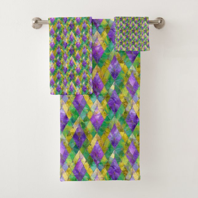 Mardi Gras Stained Glass Harlequin Print Bath Towel Set (Insitu)