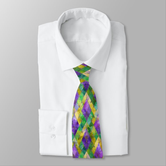 Mardi Gras Stained Glass Harlequin Print Tie (Tied)