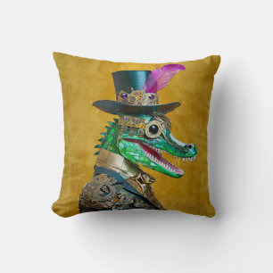 Mardi Gras Steampunk Party Animal Alligator Cushion