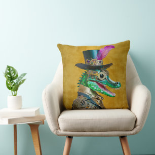 Mardi Gras Steampunk Party Animal Alligator Cushion