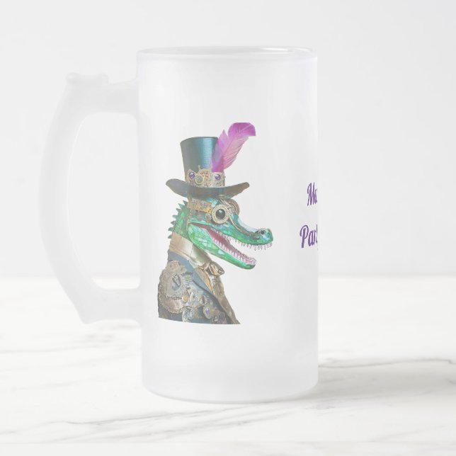 Mardi Gras Steampunk Party Animal Alligator Frosted Glass Beer Mug (Left)