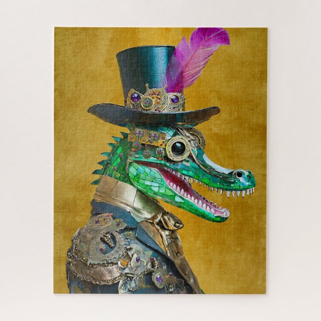 Mardi Gras Steampunk Party Animal Alligator Jigsaw Puzzle (Vertical)