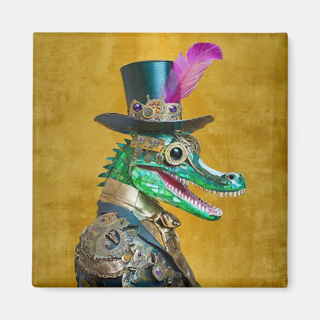 Mardi Gras Steampunk Party Animal Alligator Magnet (Front)