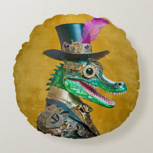 Mardi Gras Steampunk Party Animal Alligator Round Cushion