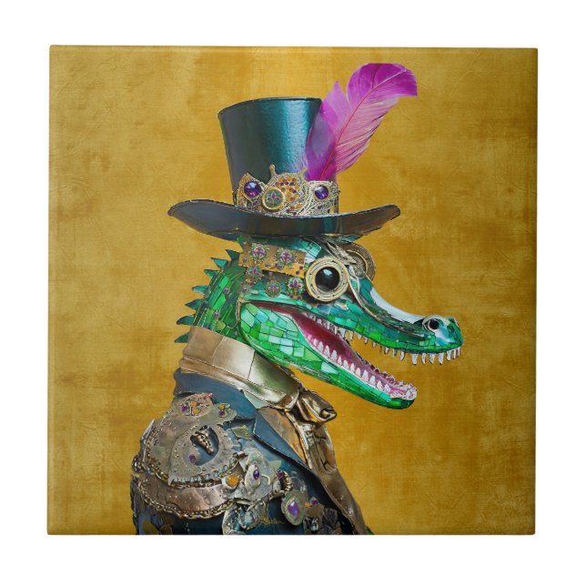 Mardi Gras Steampunk Party Animal Alligator Tile (Front)