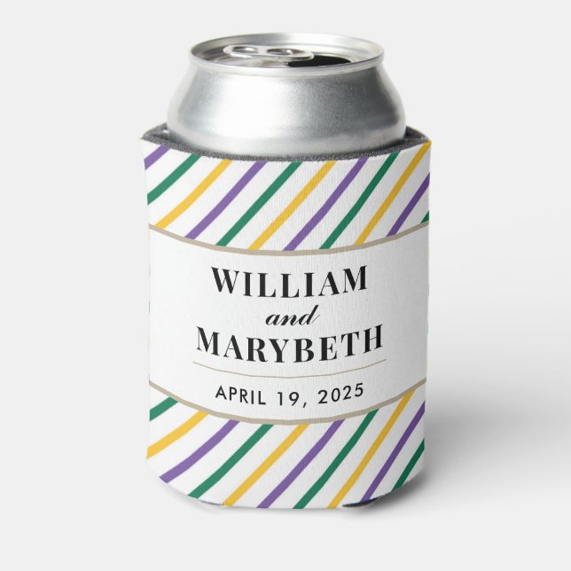 Mardi Gras Stripe Wedding Can Cooler (Can Back)