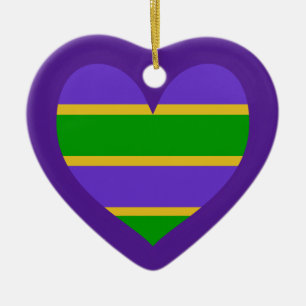 Mardi Gras Striped Purple Heart   Ceramic Tree Decoration