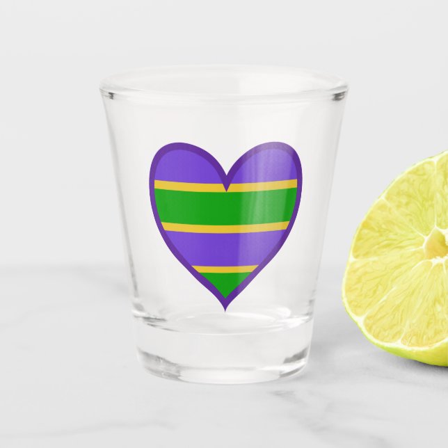 Mardi Gras Striped Purple Heart Shot Glass (Front)