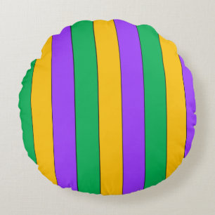 Mardi Gras Stripes Pattern Purple Green Yellow Round Cushion