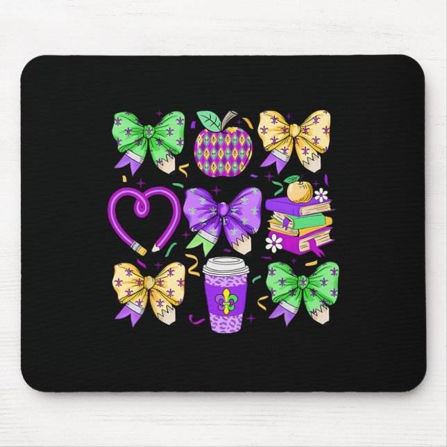 Mardi Gras Teacher Coquette Bow Pencil Apple Book  Mouse Pad (Front)