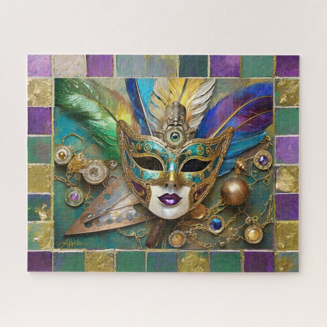 Mardi Gras Third Eye Gold Ceramic Feather Mask Jigsaw Puzzle (Horizontal)