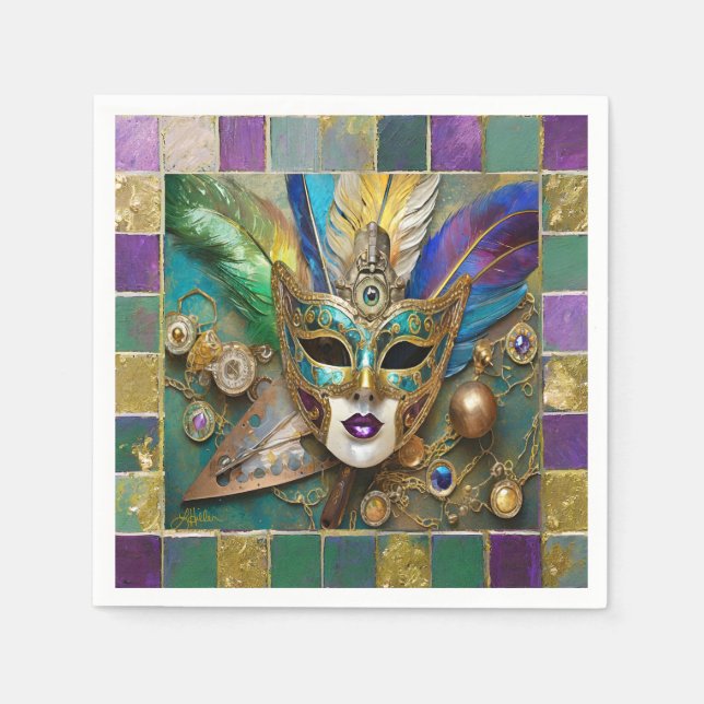 Mardi Gras Third Eye Gold Ceramic Feather Mask Napkin (Front)