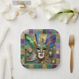 Mardi Gras Third Eye Gold Ceramic Feather Mask Paper Plate