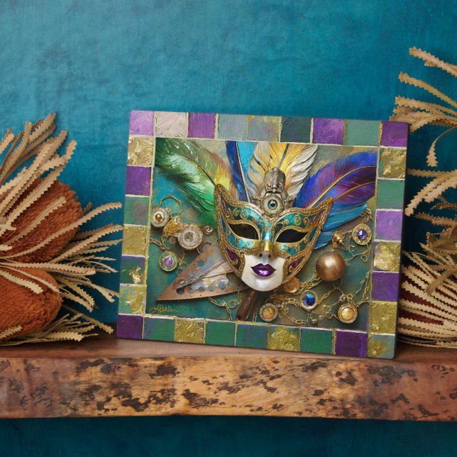 Mardi Gras Third Eye Gold Ceramic Feather Mask Plaque (Side)