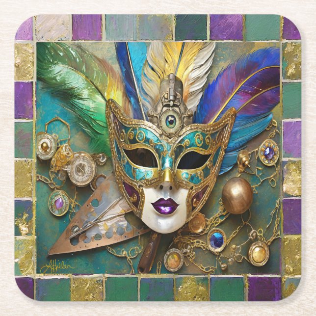 Mardi Gras Third Eye Gold Ceramic Feather Mask Square Paper Coaster (Front)