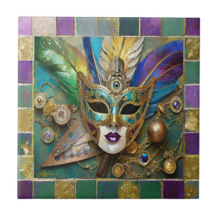 Mardi Gras Third Eye Gold Ceramic Feather Mask Tile