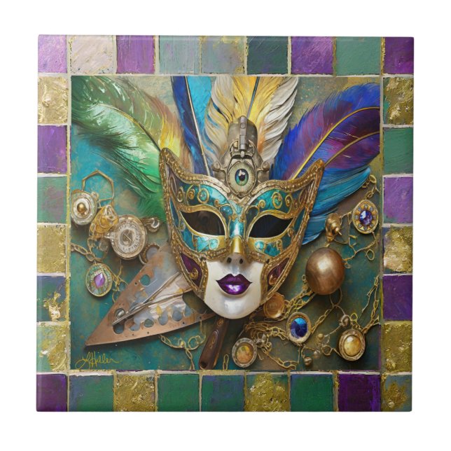 Mardi Gras Third Eye Gold Ceramic Feather Mask Tile (Front)