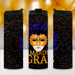 Mardi Gras Tumbler, Mardi Gras Blue Feather Mask Thermal Tumbler