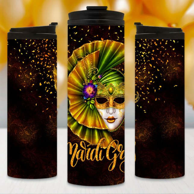 Mardi Gras Tumbler, Mardi Gras Green Mask  Thermal Tumbler (Creator Uploaded)