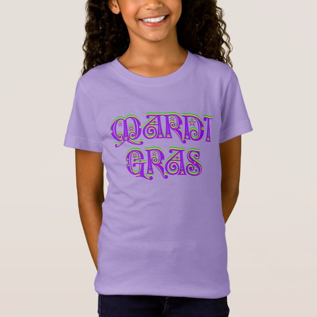 Mardi Gras Typography Carnival Purple Yellow Green T-Shirt (Front)