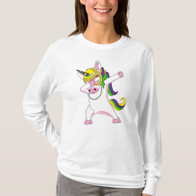 Mardi Gras Unicorn Dabbing Purple Pink Yellow T-Shirt (Front)