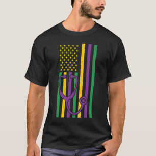 Mardi Gras US Flag Stethoscope Patriotic Nurse Doc T-Shirt