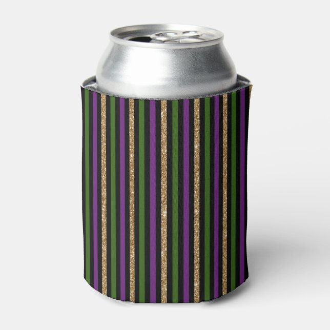 Mardi Gras Vertical Lines Golden Glitter NOLA Can Cooler (Can Front)