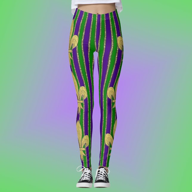 Mardi Gras Vertical Stripes & Fleur de Lys Leggings (Creator Uploaded)