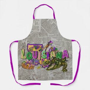 Mardi Gras Vintage Newspaper King Cake Alligator Apron