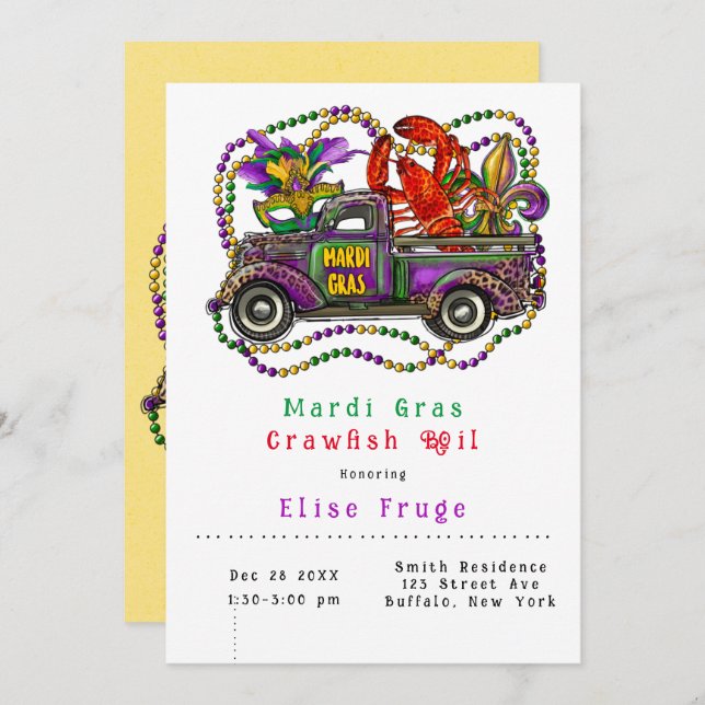 Mardi Gras Vintage Truck Crawfish Boil  Invitation (Front/Back)