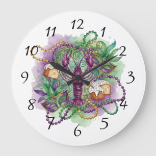 Mardi Gras Watercolor Celebration Large Clock