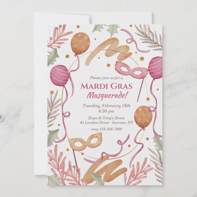 Mardi Gras Watercolor Invitation (Front)
