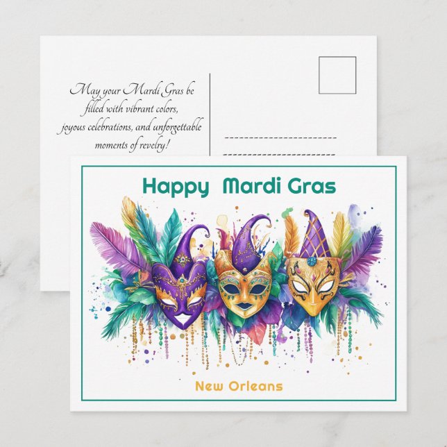 💚💜💛 Mardi Gras watercolor Masked Mischief Maker Postcard (Front/Back)