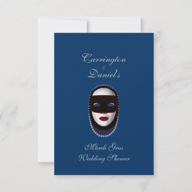 "Mardi Gras Wedding Shower" - Beaded Mask (Red/Blu Invitation (Front)