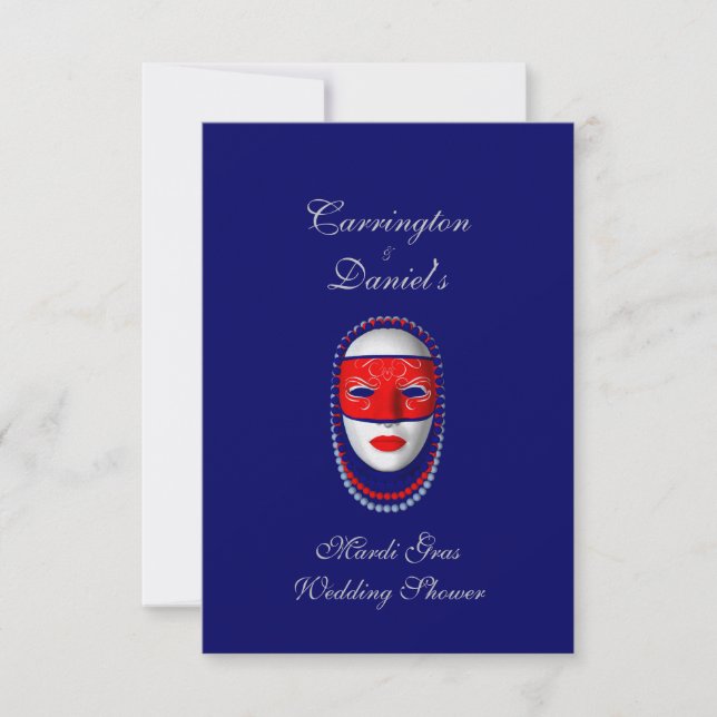 "Mardi Gras Wedding Shower" Beaded Mask-Red/Blue 2 Invitation (Front)